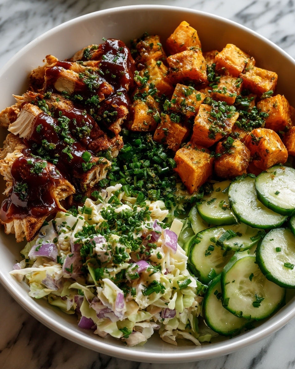 A white bowl is filled with four sections of food on a white marbled surface. The bottom left section shows shredded grilled meat coated with thick, shiny dark brown sauce and sprinkled with small green herbs. The top left section has creamy coleslaw made of shredded white and purple cabbage mixed with dressing and green herbs on top. The top right section consists of bright orange roasted sweet potato cubes with a slightly crispy texture, garnished with green herbs. The bottom right section displays several thin, round slices of fresh green cucumber with light sprinkling of herbs. Photo taken with an iphone --ar 4:5 --v 7
