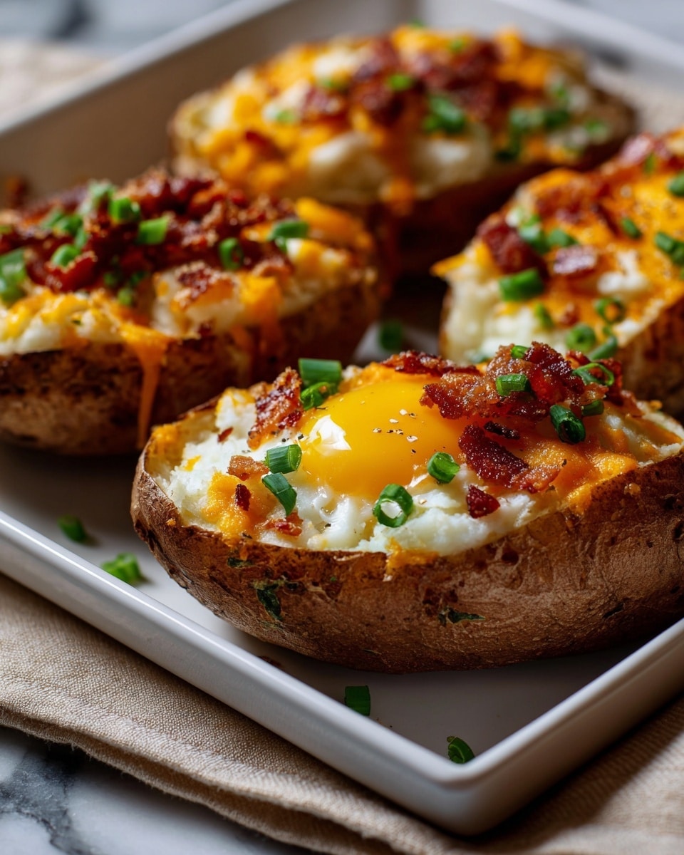 The image shows four baked potato halves placed on a white tray. Each potato half has three layers: the bottom layer is a golden brown potato skin with a soft, mashed white potato inside. The middle layer has melted bright orange cheddar cheese spread unevenly over the mashed potato. The top layer features small, crispy reddish-brown bacon bits and chopped green onions scattered over the cheese. One potato half has a fried egg with a vibrant yellow runny yolk on top, seasoned with black pepper. The tray sits on a cloth with a white marbled textured surface in the background. Photo taken with an iphone --ar 4:5 --v 7