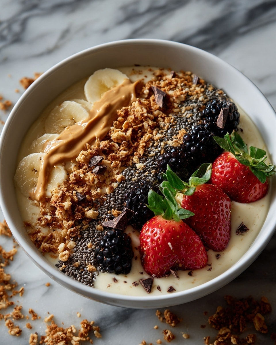 A white bowl filled with a smooth beige base, topped with a swirl of light brown peanut butter spread over half the surface. On top of the peanut butter, there are small dark brown chocolate chunks scattered. Along the center line, a row of crunchy granola with a golden color separates the toppings. To one side of the granola, black chia seeds create a dense, pebble-like texture. On the other side, slices of light yellow banana lie in two groups—one with three slices near the peanut butter and one with two slices near the chia seeds. Bright red strawberry halves with green leaves and two dark purple blackberries are placed next to the banana slices, adding fresh color. The bowl sits on a white marbled surface with some granola crumbs around it. photo taken with an iphone --ar 4:5 --v 7