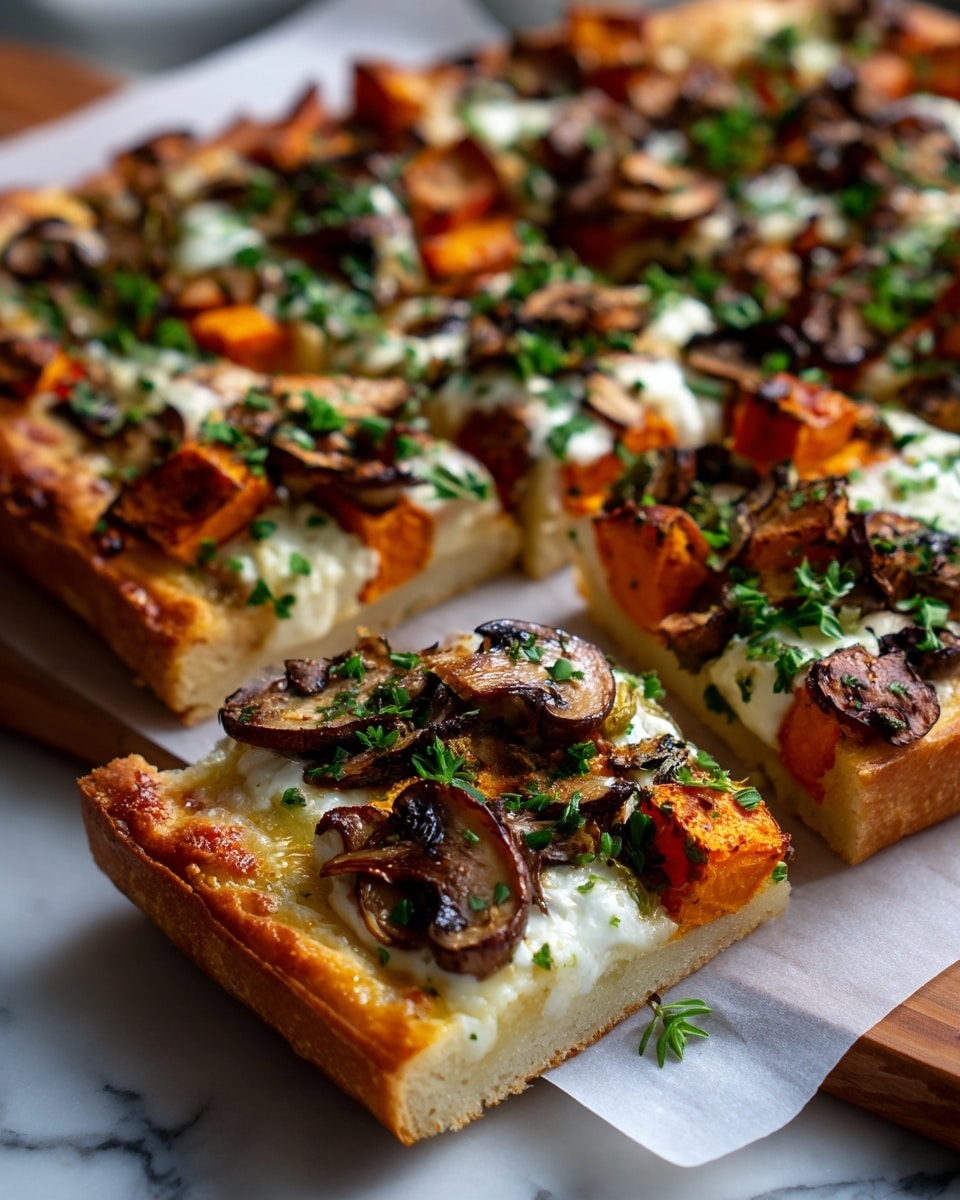 A close-up of a thick two-layer pizza slice with a fluffy, flaky crust showing light golden brown, puffy outer edges and soft inner layers. The top layer is covered with a mix of orange chunks of roasted vegetables, some herbs, and scattered bits of melted cheese that has browned in places. The base layer underneath shows a slightly crisp texture beneath the toppings. The pizza is placed on a white marbled surface with more similar pizza slices blurred in the background. photo taken with an iphone --ar 4:5 --v 7