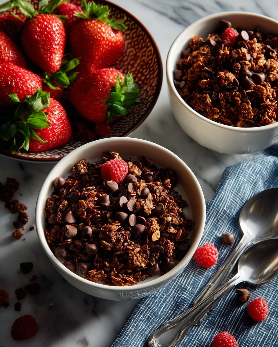 Two white bowls filled with dark brown chocolate granola that has visible oat clusters and small dark chocolate chips spread evenly on top. On the left side, a white bowl with a brown rim holds bright red raspberries and strawberries, the berries are whole and fresh. The setup is on a white marbled surface with scattered granola crumbs nearby. A gray and white checkered cloth lies partially under the bottom bowl, with two large silver spoons resting on it. photo taken with an iphone --ar 4:5 --v 7