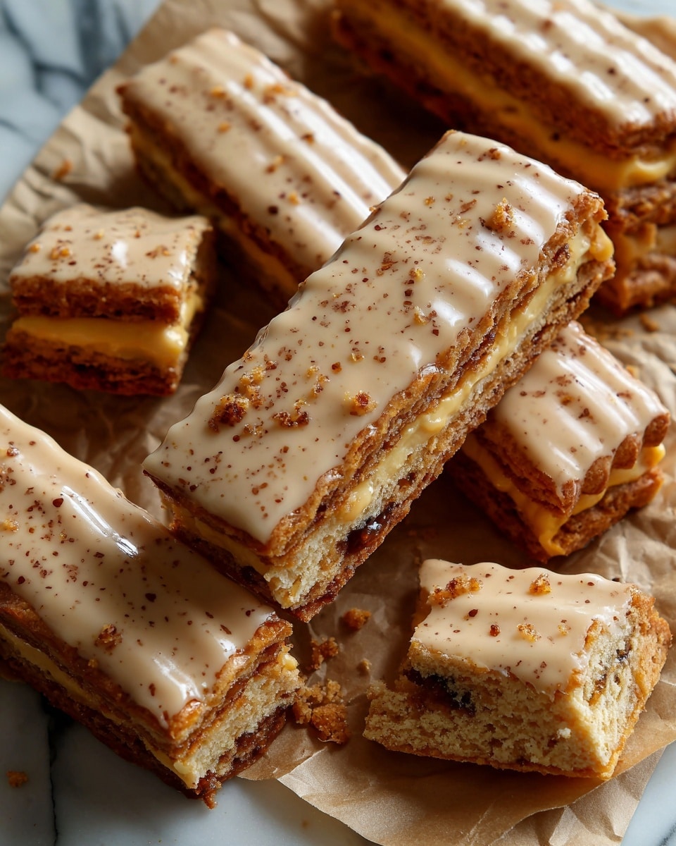 The image shows several rectangular pastries with a golden-brown crust, each topped with a thick, light brown icing speckled with cinnamon. The pastries have a crimped edge texture and one is shown broken in half, revealing a dark brown, soft filling inside. The pastries lay scattered on a light tan, slightly crinkled paper atop a white marbled surface. The close-up angle highlights the different textures of the crust, icing, and filling. Photo taken with an iphone --ar 4:5 --v 7