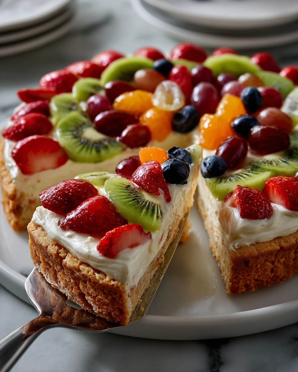 A fruit pizza is shown with three main layers: the bottom crust is golden brown and thick, the middle layer is white cream spread evenly over the crust, and the top layer features an arrangement of fresh fruits. Starting from the outer edge, there is a ring of red strawberry slices, each with a slightly rough texture, alternating with small dark blue blueberries. Inside this ring is a layer of green kiwi slices with visible seeds and a translucent look. The center area is decorated with a mix of whole dark red cherries, bright orange mandarin segments, more strawberry slices, and scattered blueberries, all placed on the smooth white cream. One slice has been taken out, revealing the thickness of the crust and cream layers beneath the fruit. The fruit pizza rests on a white plate on a white marbled surface. photo taken with an iphone --ar 4:5 --v 7
