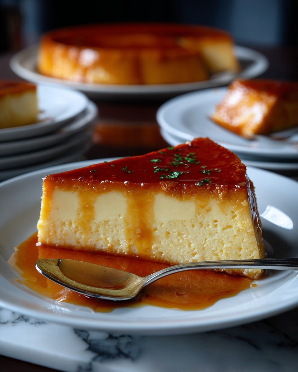 A slice of creamy flan sits on a white plate with a smooth, golden caramel top layer that looks shiny and slightly browned around the edges. The middle custard layer is thick and pale yellow with a soft, textured surface. A small amount of caramel sauce pools around the base of the slice, adding a glossy amber shine. A metal fork rests beside the slice, with some flan on its tines. The white plate is set on a white marbled texture surface, giving a clean and simple background. Photo taken with an iphone --ar 4:5 --v 7