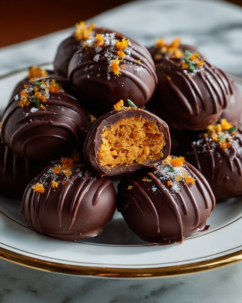 A white plate with a gold rim holds a pile of round chocolate-covered treats, each with a smooth, dark brown outer layer featuring subtle drizzled lines on top. One treat is cut open, showing a bright orange, soft, and slightly textured inside layer. Small pieces of orange zest and a light dusting of white powder decorate the tops of the chocolates. The scene is set on a white marbled surface. photo taken with an iphone --ar 4:5 --v 7