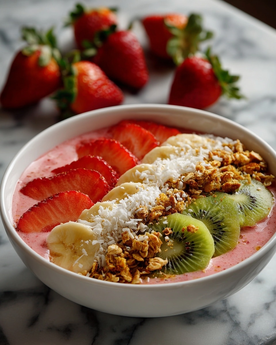 A white bowl filled with a thick pink smoothie base, topped with four neat rows: bright red sliced strawberries on the left, then pale yellow banana slices, followed by a mix of light brown granola and white coconut flakes, and on the right, three green kiwi slices with dark seeds showing. The bowl is placed on a white marbled surface with part of a white plate with strawberries visible in the top right corner. photo taken with an iphone --ar 4:5 --v 7