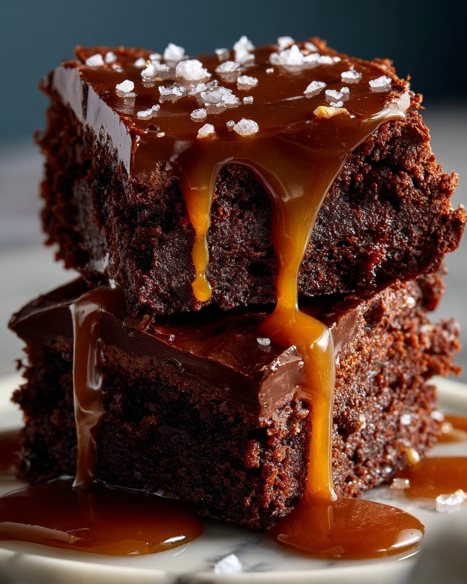 The image shows two stacked chocolate brownie squares on a white marbled surface. The bottom layer is a thick, dark chocolate brownie with a smooth, glossy layer of dark chocolate on top. The top brownie layer is another rich, dark chocolate brownie with a slightly rough texture. Warm caramel sauce is dripping generously over both brownie pieces, flowing down the sides and pooling slightly at the base. Small flakes of sea salt are sprinkled on top of the caramel, adding texture and contrast to the glossy sauce. Photo taken with an iphone --ar 4:5 --v 7