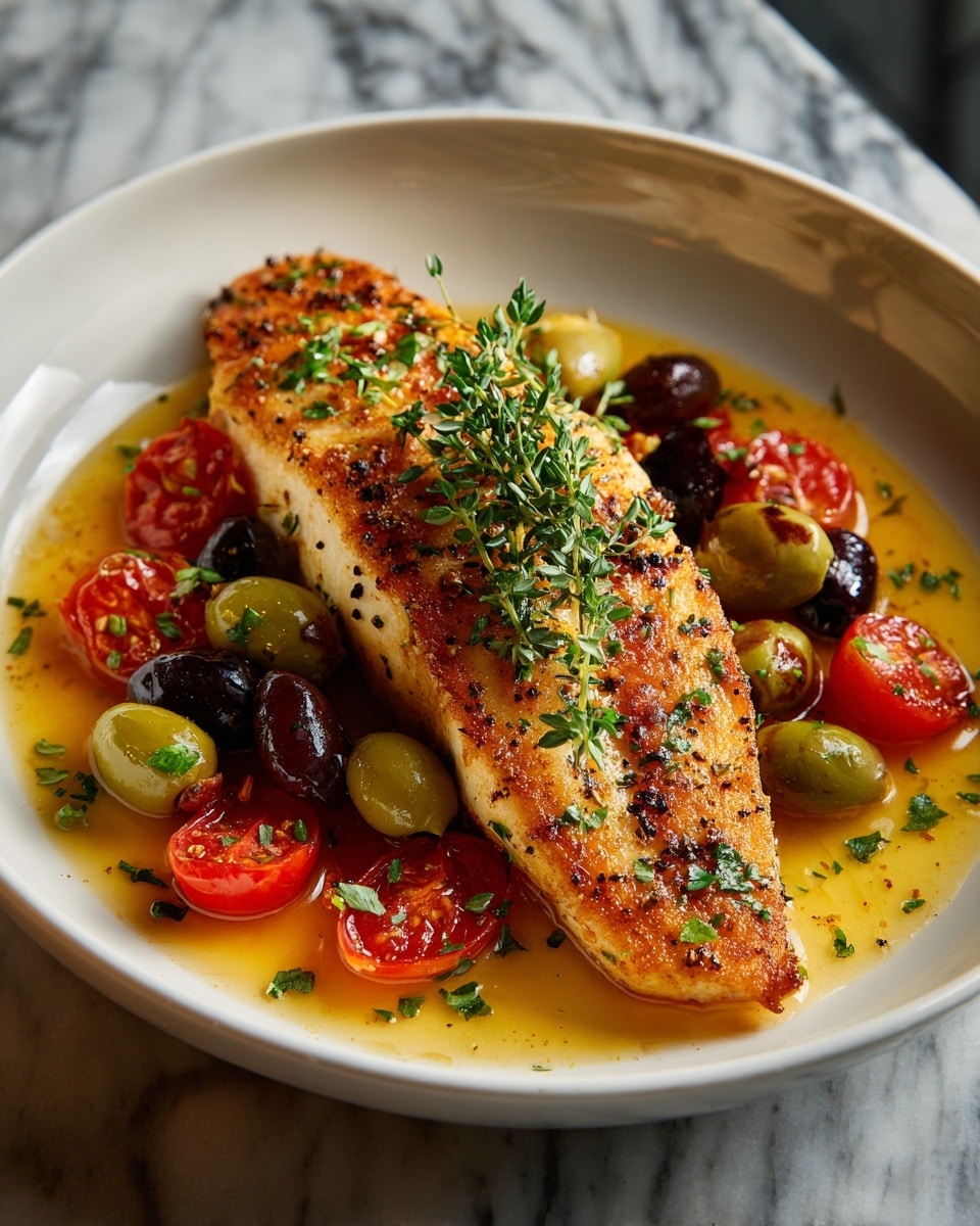 A white plate holds a golden-brown cooked fish fillet with a crispy texture, topped with a sprig of fresh green thyme and finely chopped herbs scattered on it. Around the fish, there is a colorful layer of bright red cherry tomatoes, both whole and slightly softened, mixed with green and black olives, all in a light, oily sauce that looks warm and shiny. The sauce has small bits of herbs and spices spread throughout. The background is a white marbled surface. photo taken with an iphone --ar 4:5 --v 7