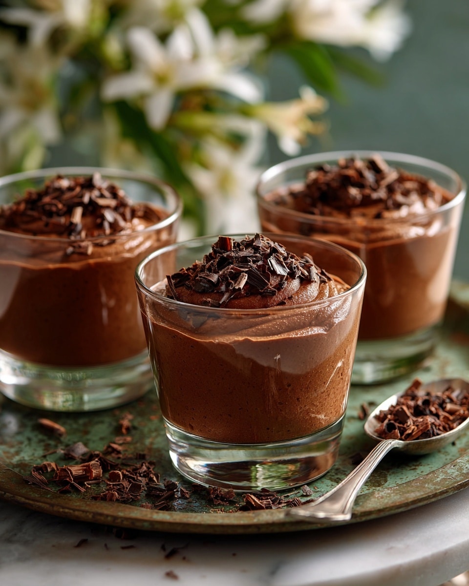 There are four clear glass cups filled with two layers of chocolate mousse, a lighter chocolate layer on the bottom and a darker, whipped chocolate layer on top with soft, smooth texture. Each cup is decorated with dark chocolate curls on the top. The cups stand on a worn vintage brass tray which sits on a white marbled surface. Scattered dark chocolate curls and an antique silver spoon filled with chocolate curls are placed around the cups. Soft cream-colored flowers are partially visible in the background, adding a gentle, warm touch to the scene. photo taken with an iphone --ar 4:5 --v 7