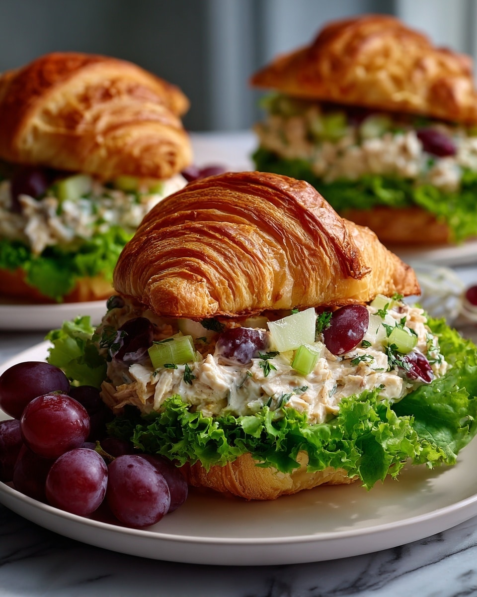 The image shows a croissant sandwich on a white plate, with fresh green lettuce forming the base layer inside the open croissant. On top of the lettuce, there is a thick layer of creamy chicken salad mixed with light green celery pieces and whole dark red grapes. The croissant is golden brown with a flaky texture, slightly folded over the filling. In the background, there are two more similar croissant sandwiches, also on white plates, and a small bunch of shiny dark red grapes sits beside the main sandwich. The scene is set on a white marbled surface. photo taken with an iphone --ar 4:5 --v 7