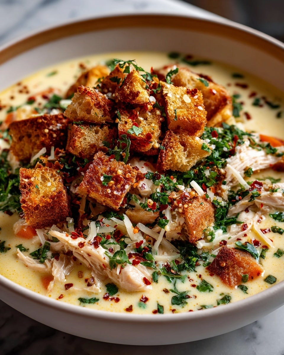 A bowl of creamy soup with a light yellow base filled with shredded white meat, small chunks of orange carrot, and bits of green herbs all mixed inside; on top, there is a mound of golden brown toasted bread cubes sprinkled with finely chopped green herbs, white grated cheese, and small red spice flakes. The bowl is white and the background is white marbled texture photo taken with an iphone --ar 4:5 --v 7