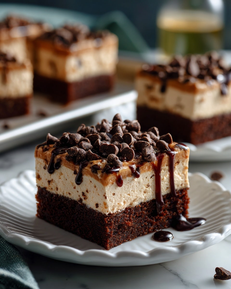 A square piece of dessert with two layers sits on a white scalloped plate on a white marbled surface. The bottom layer is dark brown with a moist and crumbly texture like chocolate cake. The top layer is a thick, light brown, creamy mousse with small chocolate chips scattered all over. A dark chocolate sauce is drizzled on top, dripping down the sides of the mousse. In the background, more pieces of the same dessert are visible on a baking tray. photo taken with an iphone --ar 4:5 --v 7
