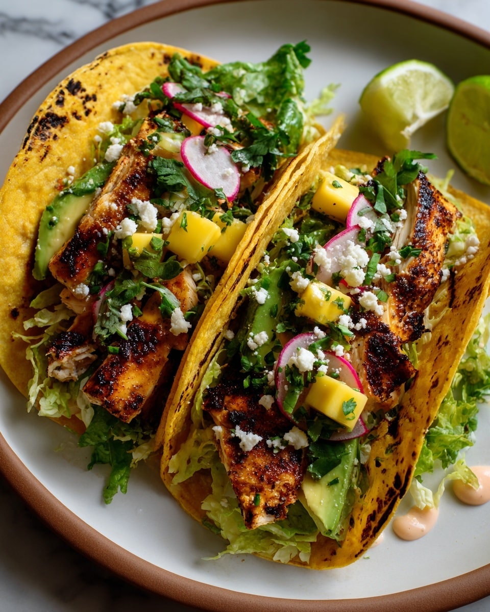 Two grilled chicken tacos sit on a white plate with a brown rim on a white marbled surface. Each taco has a yellow, slightly charred corn tortilla base. The first layer inside the tortillas is shredded green lettuce, topped with thick slices of grilled chicken that have dark grill marks. Over the chicken, there are slices of avocado, pickled thin slices of pink radish, small yellow mango chunks, and crumbled white cheese scattered on top. There are also small green cilantro leaves sprinkled on the tacos. A creamy light pink sauce is placed by the side inside the tortilla. A wedge of lime is placed on the plate near the tacos. photo taken with an iphone --ar 4:5 --v 7