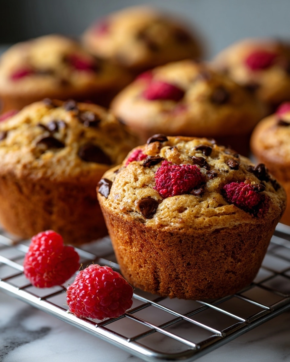 The image shows a group of freshly baked muffins cooling on a metal rack above a white marbled surface. Each muffin has a golden-brown top with visible dark brown chocolate chips and bright red raspberries both inside and on the surface. The muffins have a slightly uneven, soft texture with some cracks around the raspberries, giving a homemade look. In the foreground, two whole raspberries rest on the white marbled surface below the rack. The overall scene has warm colors from the muffins contrasted with the vibrant red raspberries and the cool metal rack. photo taken with an iphone --ar 4:5 --v 7