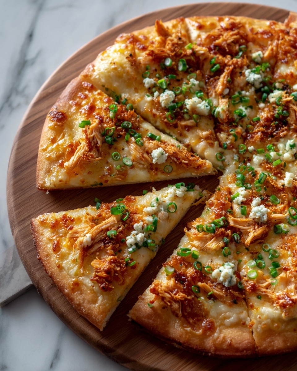 This image shows a round pizza cut into eight slices, placed on a wooden board against a white marbled background. The base layer has a golden-brown crust with melted cheese spread evenly. On top, there are chunks of shredded orange chicken scattered around the pizza. Small blue cheese crumbles are spread across the surface, along with chopped green onions adding a touch of green. The cheese looks melted and slightly shiny, blending with the chicken pieces. The pizza is thick enough to see all layers clearly through the melted cheese and toppings. Photo taken with an iphone --ar 4:5 --v 7