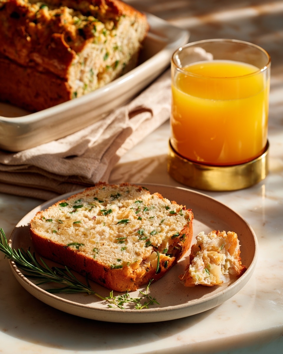 The image shows a white round plate with three thick pieces of a layered savory dish that looks soft and moist with bits of green herbs and small chunks of light beige filling, possibly chicken or vegetables. The top layer is slightly browned and textured with small pieces and herbs visible throughout. Behind the plate, there is a clear glass cup filled with bright yellow orange juice, and in the background, a white baking dish holds the rest of the dish with some pieces missing. The surface under everything is a white marbled texture. photo taken with an iphone --ar 4:5 --v 7