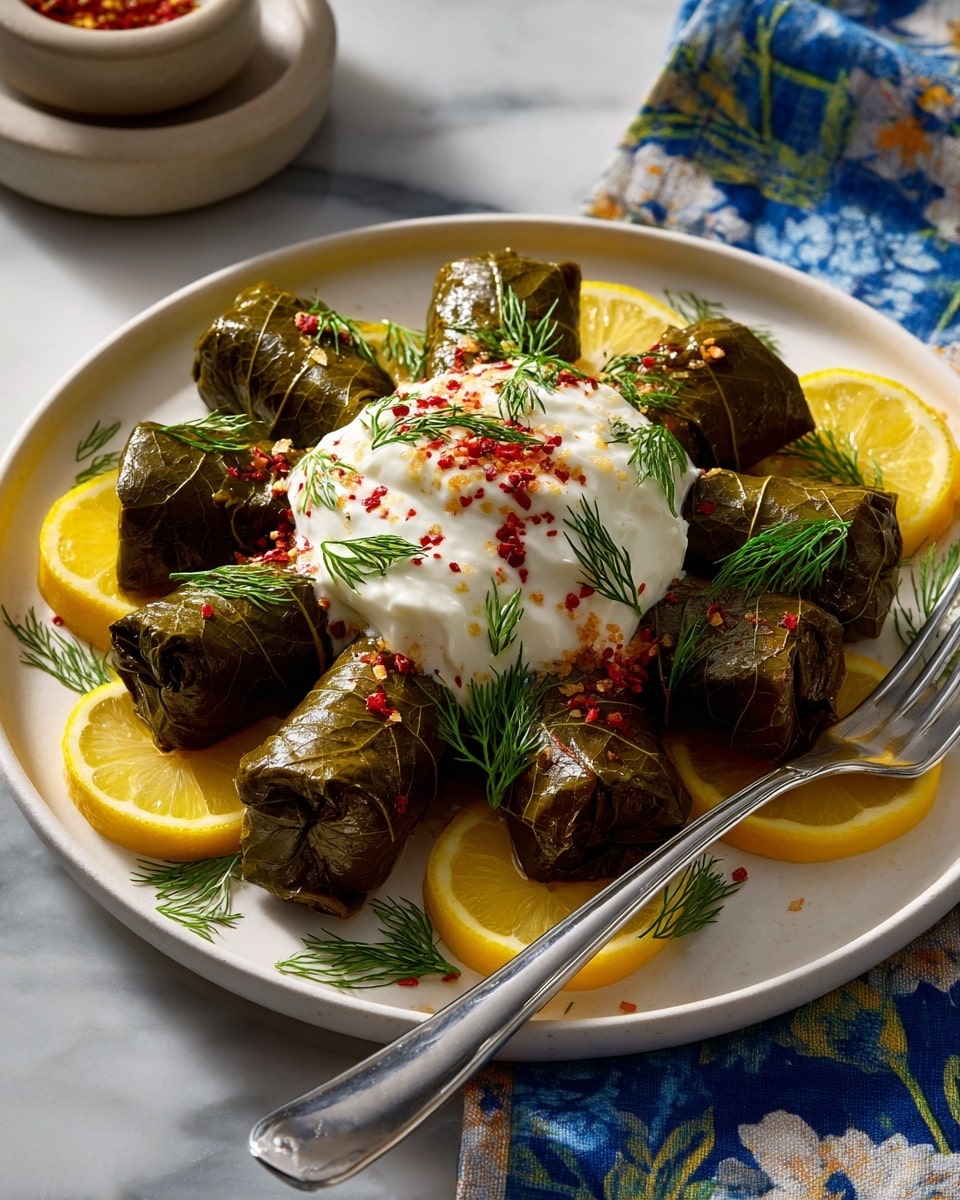 A white plate holds a stack of dark green grape leaves rolled tightly into small cylinders, arranged in a circle. On top of the grape leaves is a thick, creamy white sauce, sprinkled with small red spices and garnished with a few sprigs of fresh green dill. Around the grape leaves are thin lemon slices placed at intervals. To the right side of the plate, a metal fork rests partially on the plate and on the white marbled surface beneath. The whole setting is on a white marbled surface with a blurred blue floral cloth faintly visible to the right side photo taken with an iphone --ar 4:5 --v 7