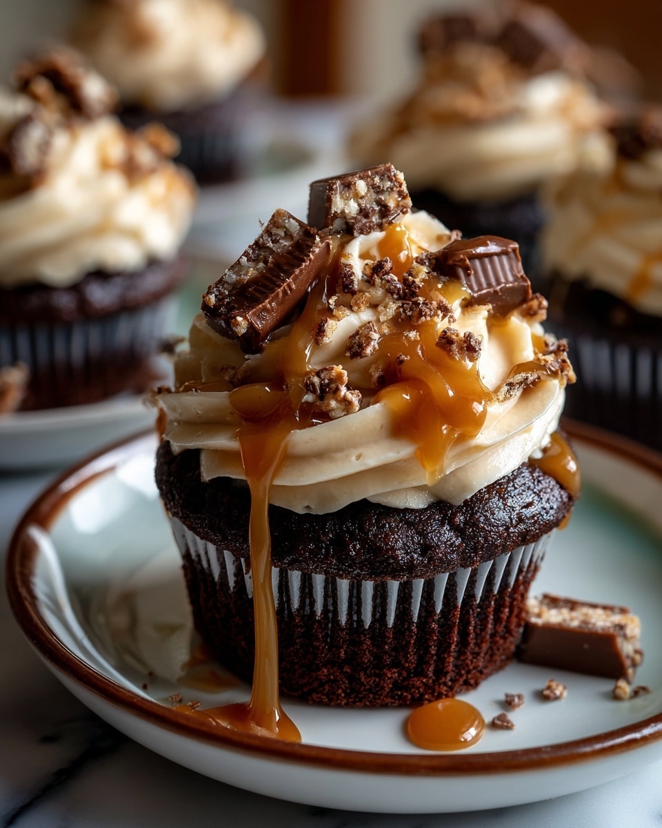A single dark brown chocolate cupcake in a ridged wrapper sits centered on a white plate with light brown speckles and a scalloped edge. On top of the cupcake is a large, smooth swirl of light brown caramel frosting that forms one thick layer. Drizzled over the frosting are several streams of shiny, golden caramel sauce that run down the sides. At the top center of the frosting are small, irregular chunks of chocolate and caramel candy, adding texture and depth. The plate is on a white marbled surface with a subtle pattern in the background, creating a clean, bright setting. photo taken with an iphone --ar 4:5 --v 7