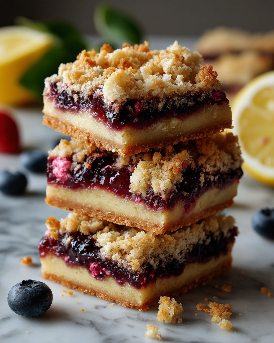 The image shows a stack of three crumb bars on a white marbled surface. Each bar has three visible layers: the bottom layer is a light golden crust with a firm texture; the middle layer is a dark purple, jam-like filling with small bits of berries visible; the top layer is a crumbly, pale yellow streusel topping with uneven small pieces scattered on and around the bars. There are also lemon slices and a few blueberries near the bars, adding a fresh look to the scene. photo taken with an iphone --ar 4:5 --v 7