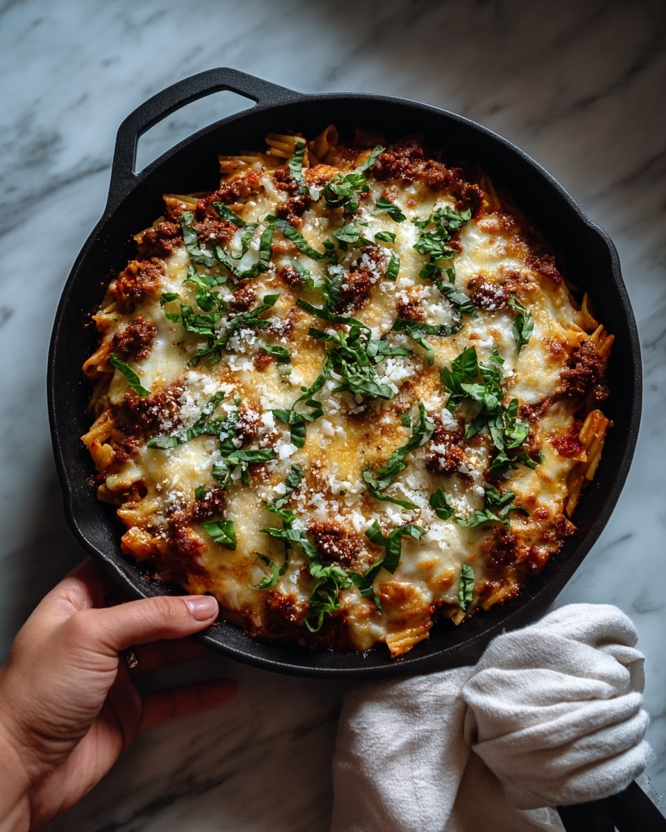 A round black skillet filled with baked spaghetti, showing a thick top layer of golden-brown melted cheese with some browned spots and sprinkled white grated cheese, scattered dark green fresh basil leaves on top. Below the cheese is a rich red tomato sauce mixed with spaghetti noodles and bits of meat, visible in the cut-out section. The skillet is held by a woman's hand wrapped in a white cloth, all placed on a white marbled surface. photo taken with an iphone --ar 4:5 --v 7