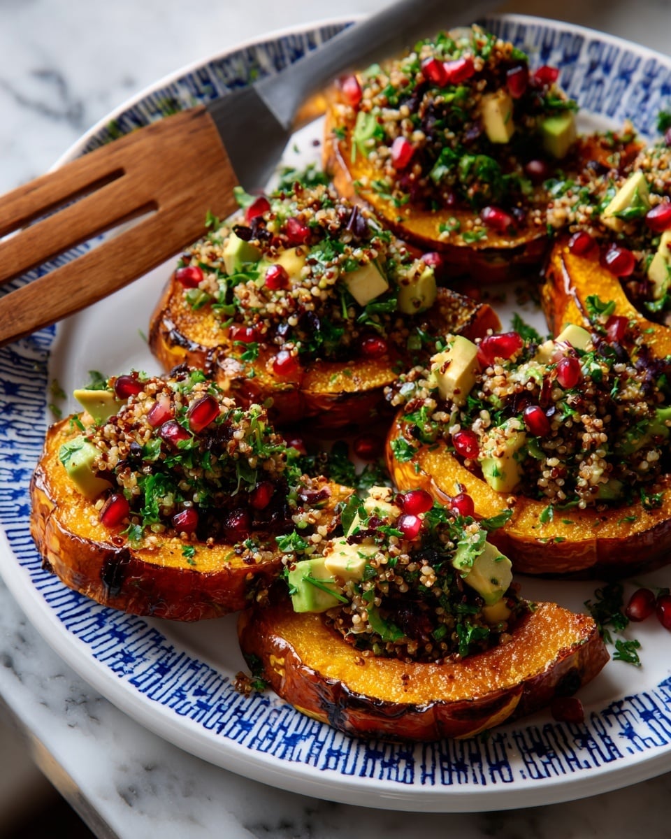 Six roasted squash halves form the base, each with a golden brown, slightly crisp edge and soft yellow-orange inside. On top is one main layer of quinoa mixed with small green herbs, white cheese crumbs, deep red dried cranberries, and scattered bright red pomegranate seeds, creating a mix of light and dark colors with rough, grainy, and chunky textures. The squash halves are arranged on a white plate with blue and gold geometric patterns, with a wooden spatula on the left side and a metal fork on the right, all placed on a white marbled surface. photo taken with an iphone --ar 4:5 --v 7