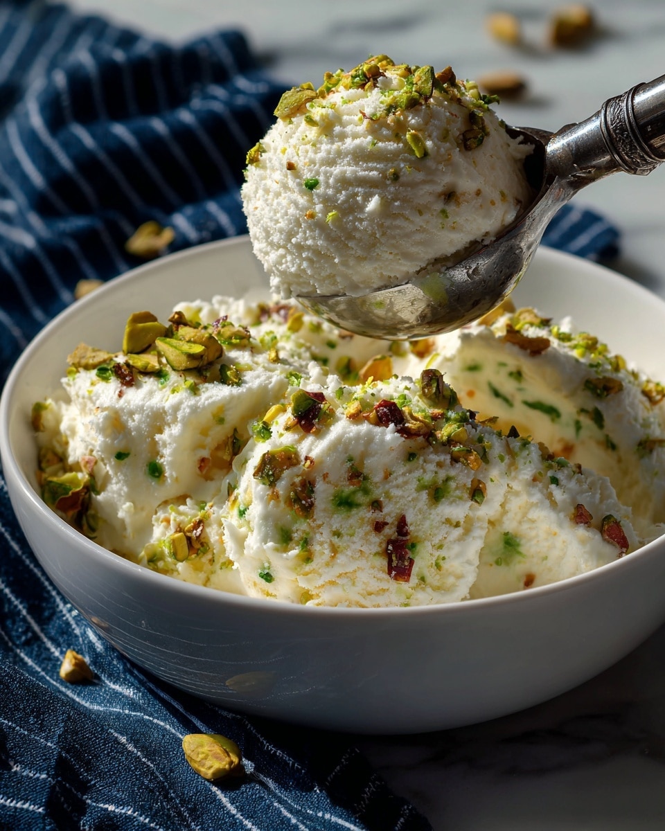 The image shows a clear glass filled with three scoops of white cream or ice cream layered with small pieces of bright red strawberries. The top scoops are sprinkled with crushed green and yellow nuts, adding texture and color contrast. The glass sits on a white marbled surface scattered with crushed nuts, with some blurred strawberries and green leaves in the background, giving a fresh feel. The lighting is soft, making the cream look smooth and the strawberries juicy photo taken with an iphone --ar 4:5 --v 7