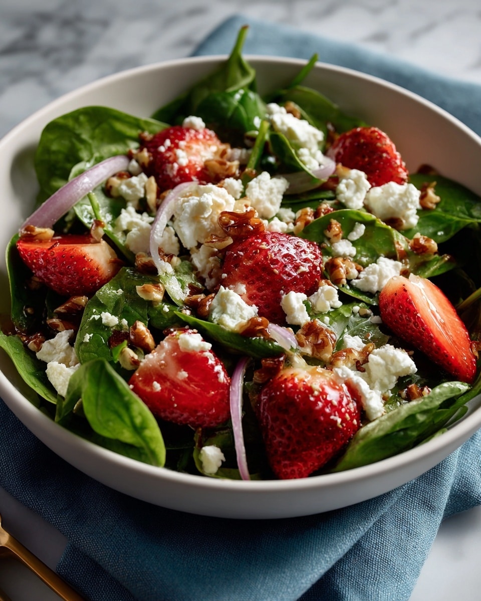 A white bowl filled with fresh spinach leaves forming the bottom layer, shiny and bright green in color. On top of the spinach, there are sliced strawberries cut into halves and quarters, showing their deep red and juicy texture. Thin slices of light purple onions are scattered over the strawberries. Small chunks of white cheese are sprinkled evenly across the salad, with chopped brown nuts adding texture throughout. The bowl sits on a folded blue cloth over a white marbled surface. Photo taken with an iphone --ar 4:5 --v 7