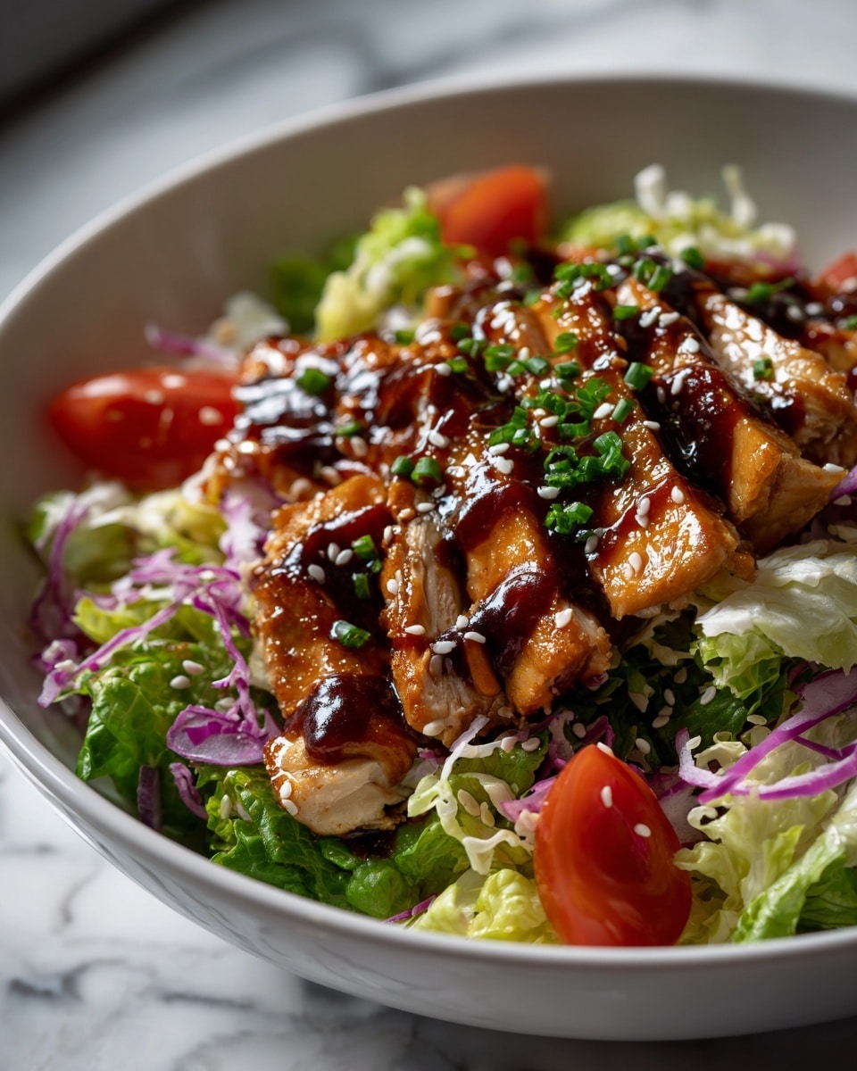A white plate filled with a salad starting with a base layer of fresh green lettuce and spinach leaves, topped with thin slices of light green cucumber and scattered bright red tomato pieces. Above this layer, chunks of cooked light brown chicken pieces are placed, covered with a shiny dark brown sauce with a glossy texture. Thin slices of purple onion are mixed in, adding a contrast of color. Small white sesame seeds and bits of green chopped scallions are sprinkled on top, adding texture and freshness. The plate is placed on a white marbled surface. Photo taken with an iphone --ar 4:5 --v 7