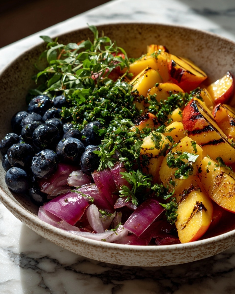 The image shows a close-up of a bowl filled with a colorful fruit salad. The salad has three main layers: bright orange-yellow peach slices with a slight char, dark blue blueberries scattered throughout, and pieces of soft purple-red onions. On top, there are fresh green parsley leaves and small green herbs that add a vibrant touch. The bowl is white with a textured pattern inside, and the salad looks juicy and well mixed, with a light shine from a dressing or oil. The background is a white marbled texture. Photo taken with an iphone --ar 4:5 --v 7