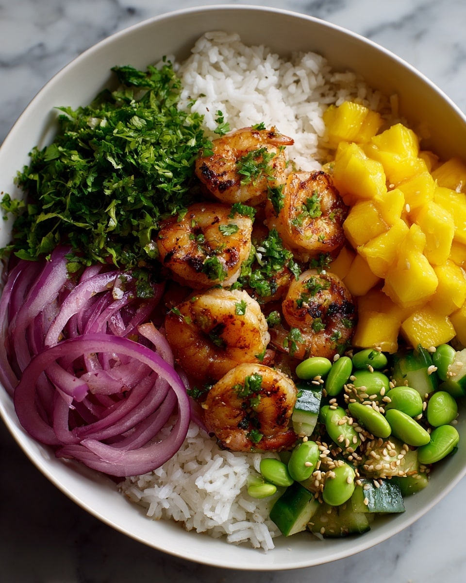 A white bowl holds a colorful dish with six main sections arranged in a circular pattern: at the bottom left, white fluffy rice forms the base layer; next to it, bright green cucumber pieces mixed with edamame beans sprinkled with golden sesame seeds add texture; above that is a pile of golden yellow mango cubes with a shiny surface; in the center, several grilled shrimp sit stacked, showing a light orange color with a slight char and garnished with small green herb pieces; to the left of the shrimp, thinly sliced purple onion rings add a sharp contrast; at the top left, fresh chopped green herbs complete the bowl’s vibrant look. The bowl sits on a white marbled surface. photo taken with an iphone --ar 4:5 --v 7