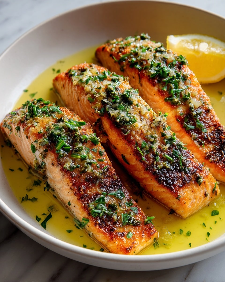 Three pieces of cooked salmon with a dark, spicy crust topped with chopped green herbs are placed side by side in a shallow pool of yellow oil on a white plate. The salmon has a textured, slightly charred surface with visible seasoning and is arranged close together, with a lemon wedge partially visible in the background. The plate sits on a white marbled surface. Photo taken with an iphone --ar 4:5 --v 7