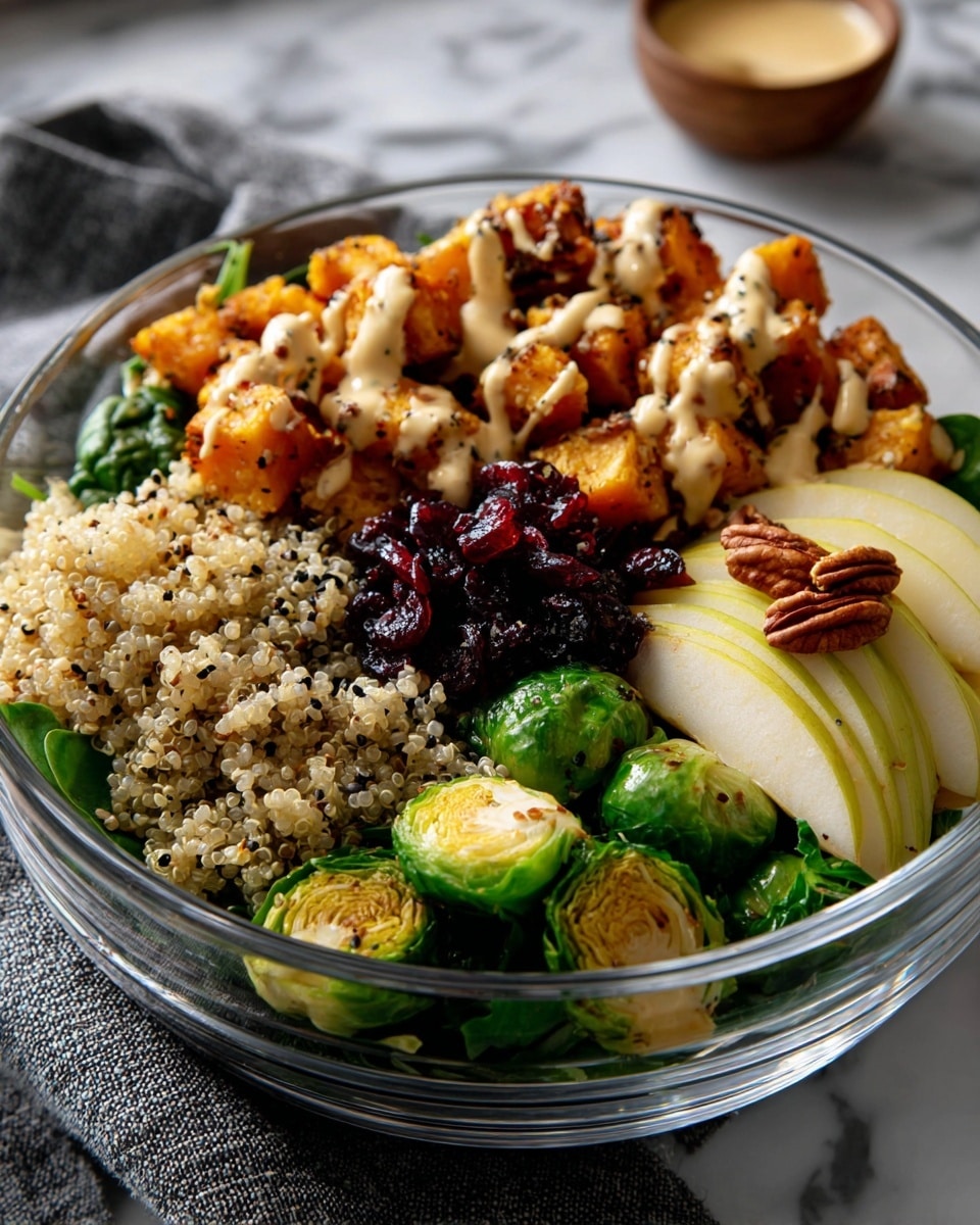 A clear bowl filled with six distinct layers arranged side by side: at the top left, large orange sweet potato cubes with a light drizzle of creamy sauce and pecan halves scattered; below that, a layer of fluffy light beige quinoa with small dressing dots and more pecans; at the bottom left, green roasted Brussels sprouts with a creamy dressing drizzle; to the right of the sprouts are three thin slices of green apple with a few pecan halves nearby; next to the apple slices, a pile of light beige chickpeas; and at the top right, a small mound of dark red dried cranberries, all resting on a bed of fresh dark green spinach leaves. The bowl is placed on a white marbled surface. Photo taken with an iphone --ar 4:5 --v 7