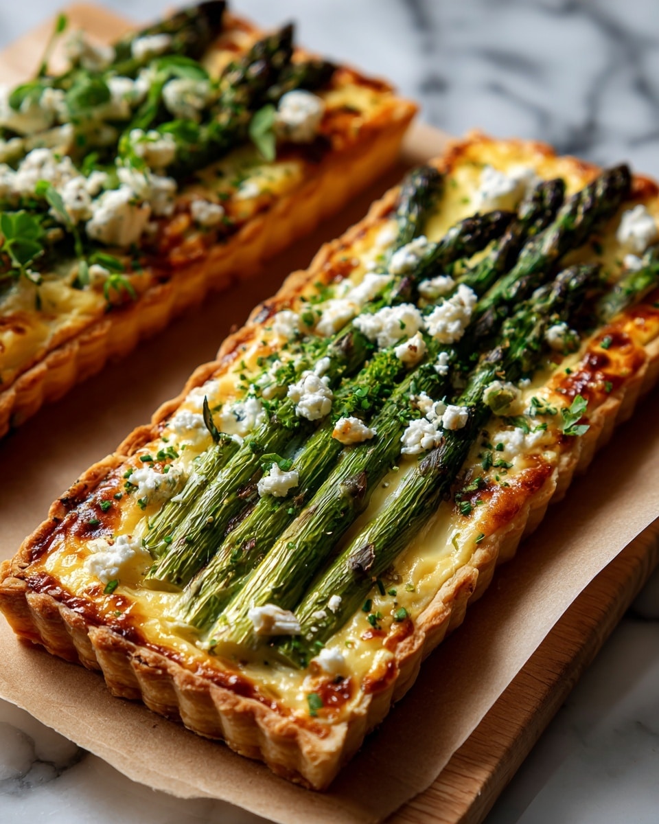 The image shows a rectangular tart with a golden brown, flaky crust forming the base and sides. Inside, there is a creamy, pale yellow filling that looks smooth and baked with slight browning on top. On top of the filling, there are five whole roasted green asparagus spears with charred tips laid parallel to each other. Between and around the asparagus, there are small chunks of white cheese, slightly melted, and sprinkled with finely chopped green herbs. The tart is placed on a piece of light brown parchment paper, resting on a white marbled surface. Photo taken with an iphone --ar 4:5 --v 7