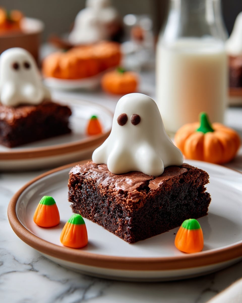 A square chocolate brownie sits on a white plate with a brown rim, placed on a white marbled surface. On top of the brownie is a melted white marshmallow shaped like a ghost, with two small brown eyes and a larger brown mouth, creating a cute face. Around the plate are small pumpkin-shaped candies with bright orange bodies and green tops. In the background, there is a tall glass bottle of milk and a blurry basket full of white marshmallows. The photo is bright with a dark background, focusing on the brownie and marshmallow ghost. photo taken with an iphone --ar 4:5 --v 7