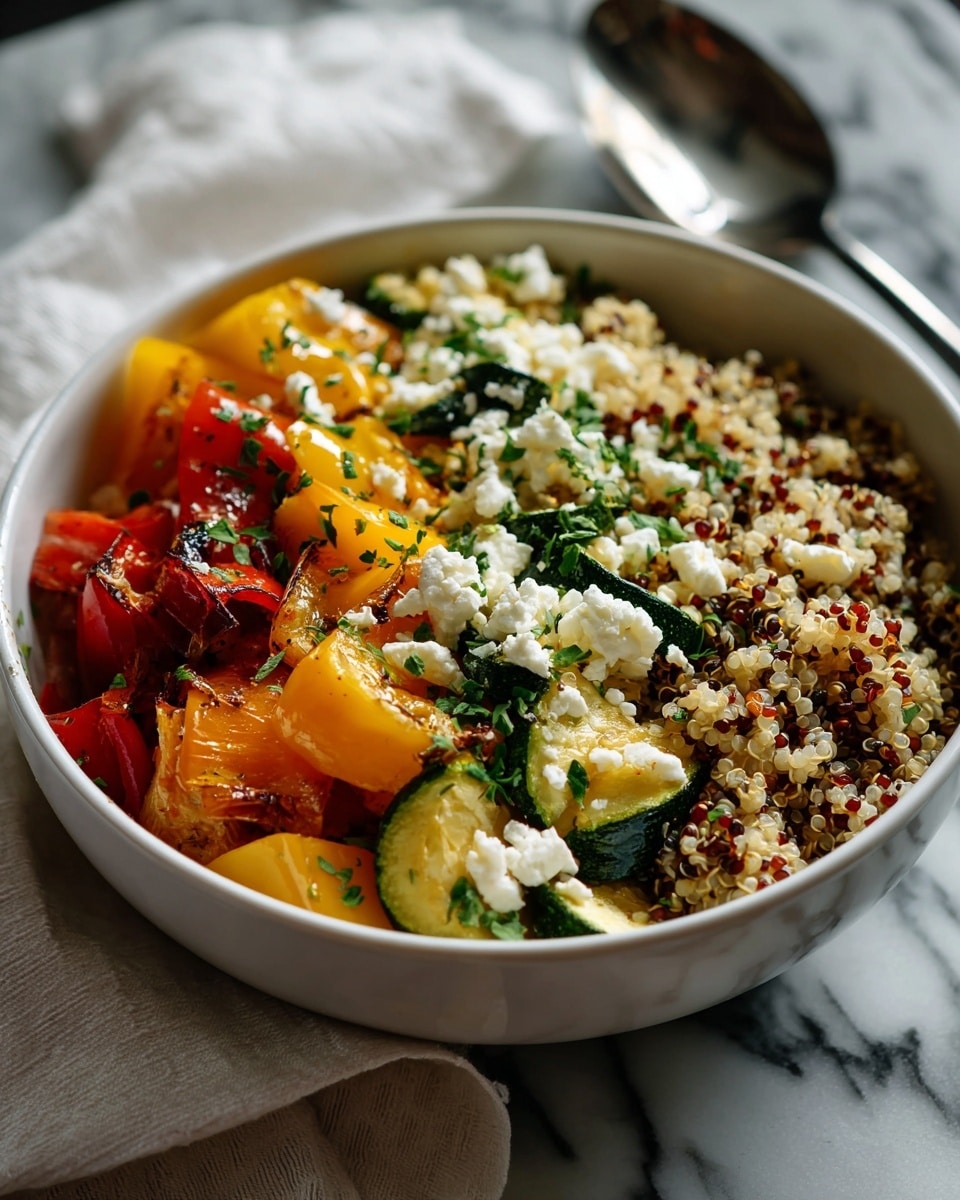 A white bowl holds a colorful quinoa salad with three layers: the base layer is light beige fluffy quinoa mixed with tiny dark seeds, the middle layer has pieces of yellow bell peppers, red bell peppers, and green zucchini all chopped into small chunks with slightly softened textures, and the top layer is scattered with white crumbled cheese and small green herb leaves, adding freshness and a slight contrast of color. The bowl sits on a white marbled surface, with a soft white cloth and a silver spoon resting nearby. photo taken with an iphone --ar 4:5 --v 7