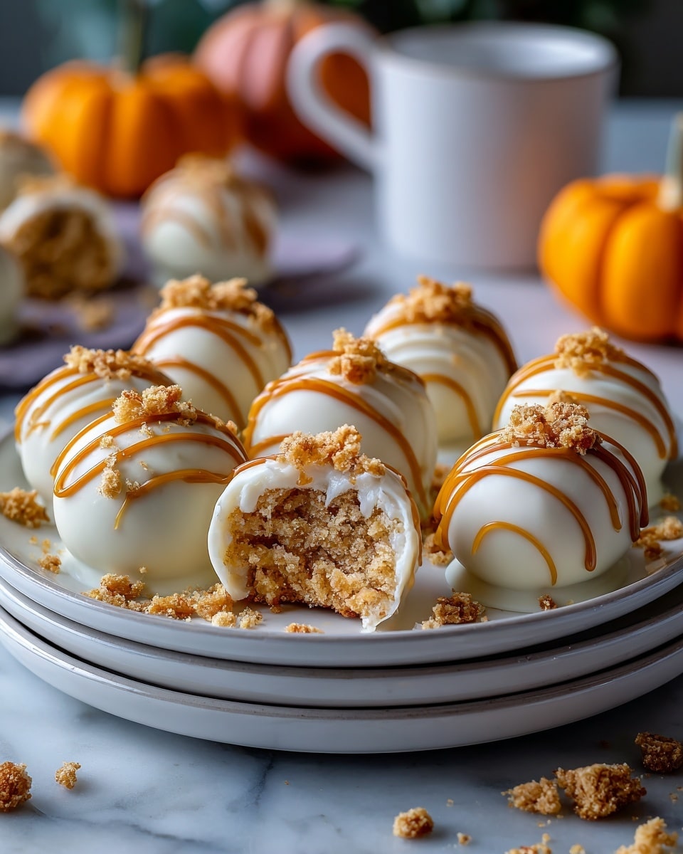 A white plate filled with round cake balls covered in smooth white coating, each decorated with even caramel-colored lines drizzled on top and sprinkled with crumbly golden bits. One cake ball near the center is bitten to show a soft, moist, light brown inside. The plate sits on a white marbled surface with small pumpkins in the blurred background. photo taken with an iphone --ar 4:5 --v 7