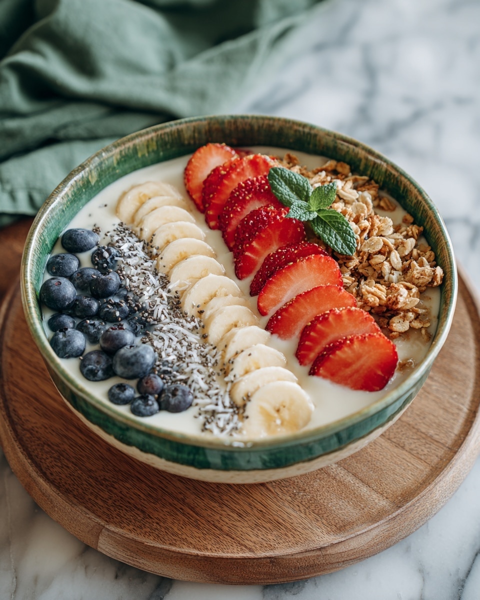 A white bowl filled with a creamy white base, topped with three distinct layers arranged side by side: on the left, a row of fresh dark blue blueberries, in the middle, sliced bright red strawberries with green leaves still attached, and on the right, a mixture of crunchy brown granola with white coconut flakes and green mint leaves as garnish. The bowl sits on a wooden board with a strawberry on a wooden spoon nearby, all placed on a white marbled surface with a green cloth in the background. Photo taken with an iphone --ar 4:5 --v 7
