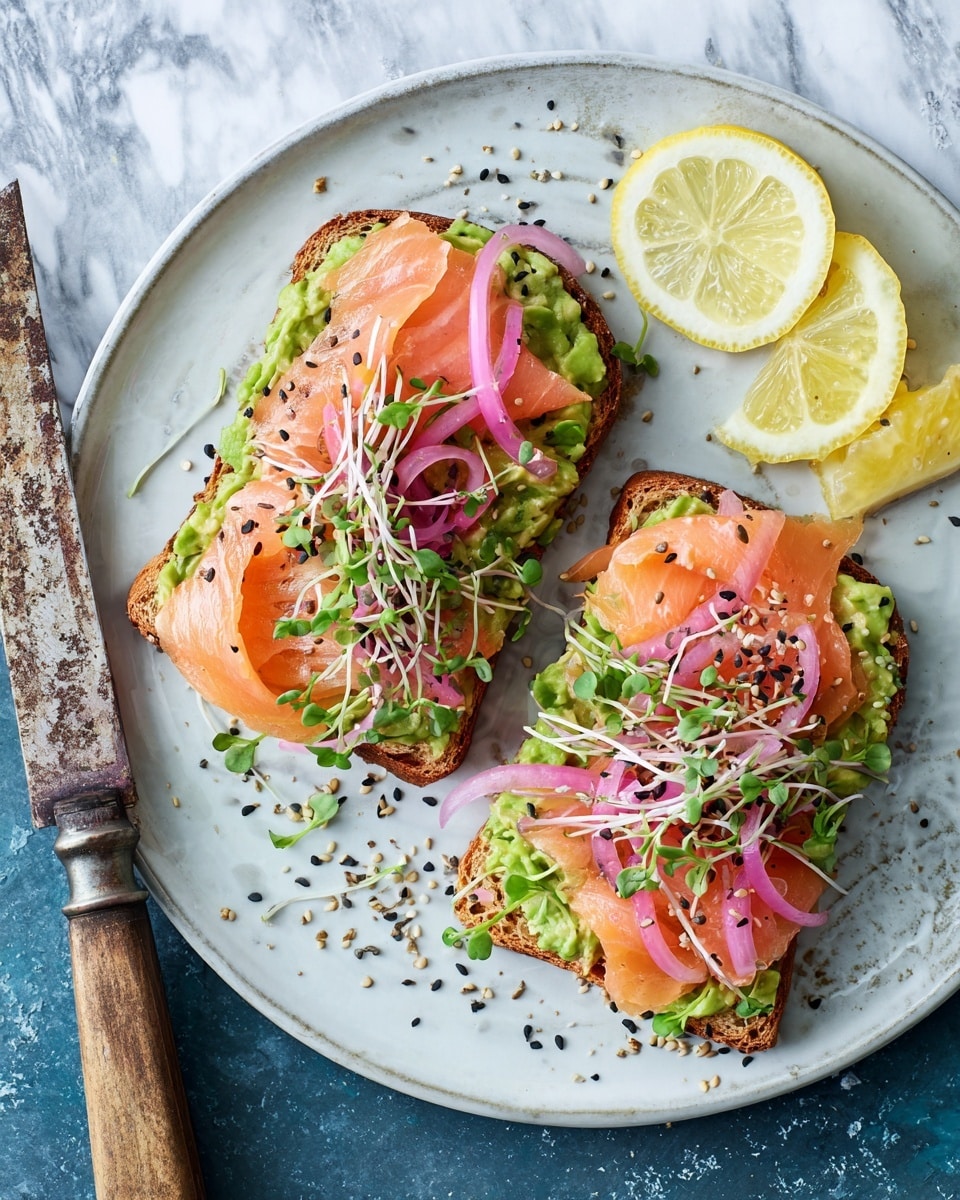 Two slices of toast sit on a white plate with a dark blue center, placed on a white marbled surface. Each toast slice has a base layer of green smashed avocado that looks creamy and chunky, topped with thin, folded slices of pinkish-orange smoked salmon. There are thin rings of bright pink pickled onion and small green sprouts scattered on top, with a sprinkle of black and white sesame seeds unevenly spread over the whole dish. A lemon wedge and a knife with a cream-colored handle rest on the plate's side. Photo taken with an iphone --ar 4:5 --v 7