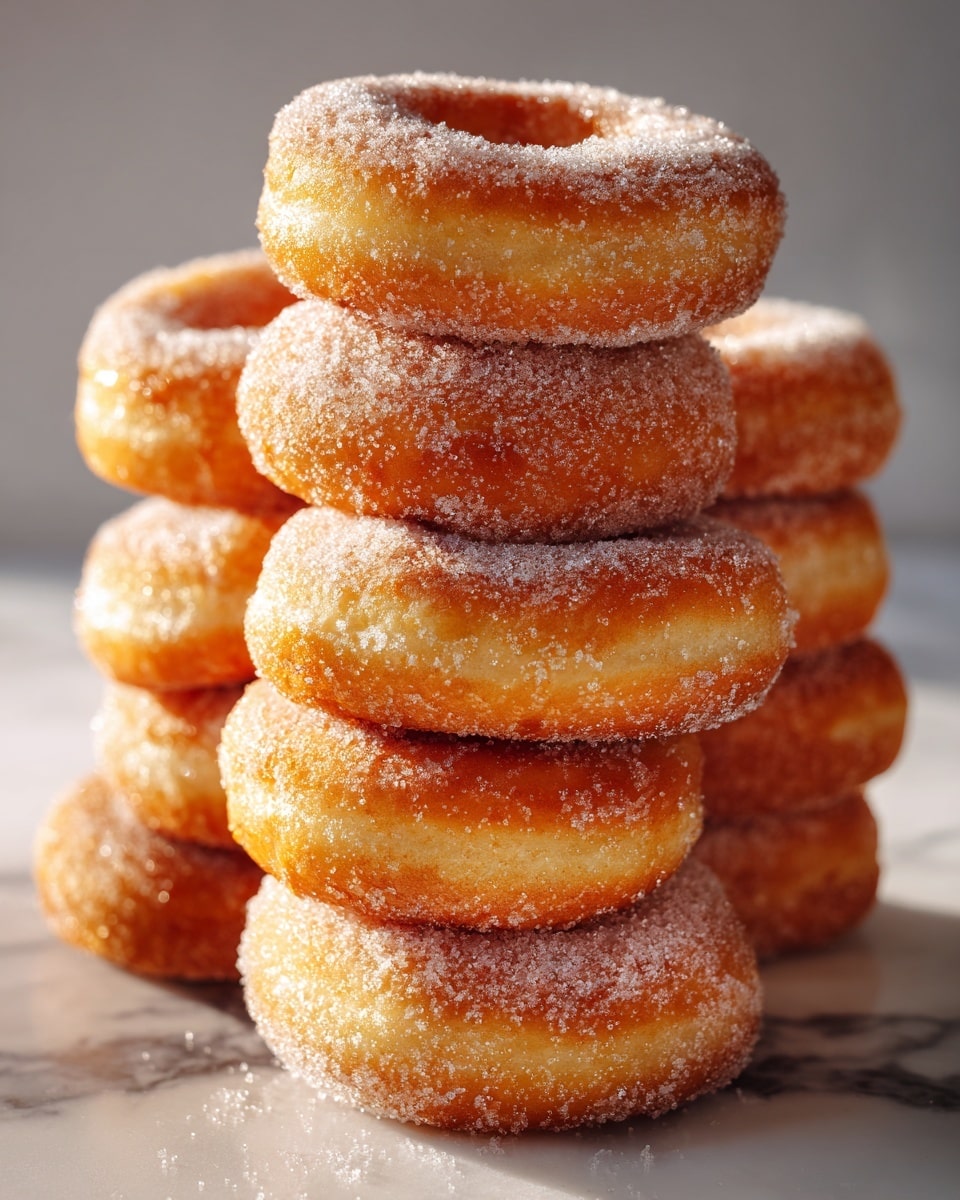 A stack of eight round donuts with a hole in the middle is shown, each covered evenly in a layer of sugar crystals mixed with cinnamon, giving them a slightly sparkly, grainy texture. The donuts have a golden brown color with a soft, fluffy texture visible on the edges, piled together in a loose tower on a white marbled surface. The lighting highlights the tiny sugar grains and the warm color of the donuts, making them look appetizing and fresh. photo taken with an iphone --ar 4:5 --v 7