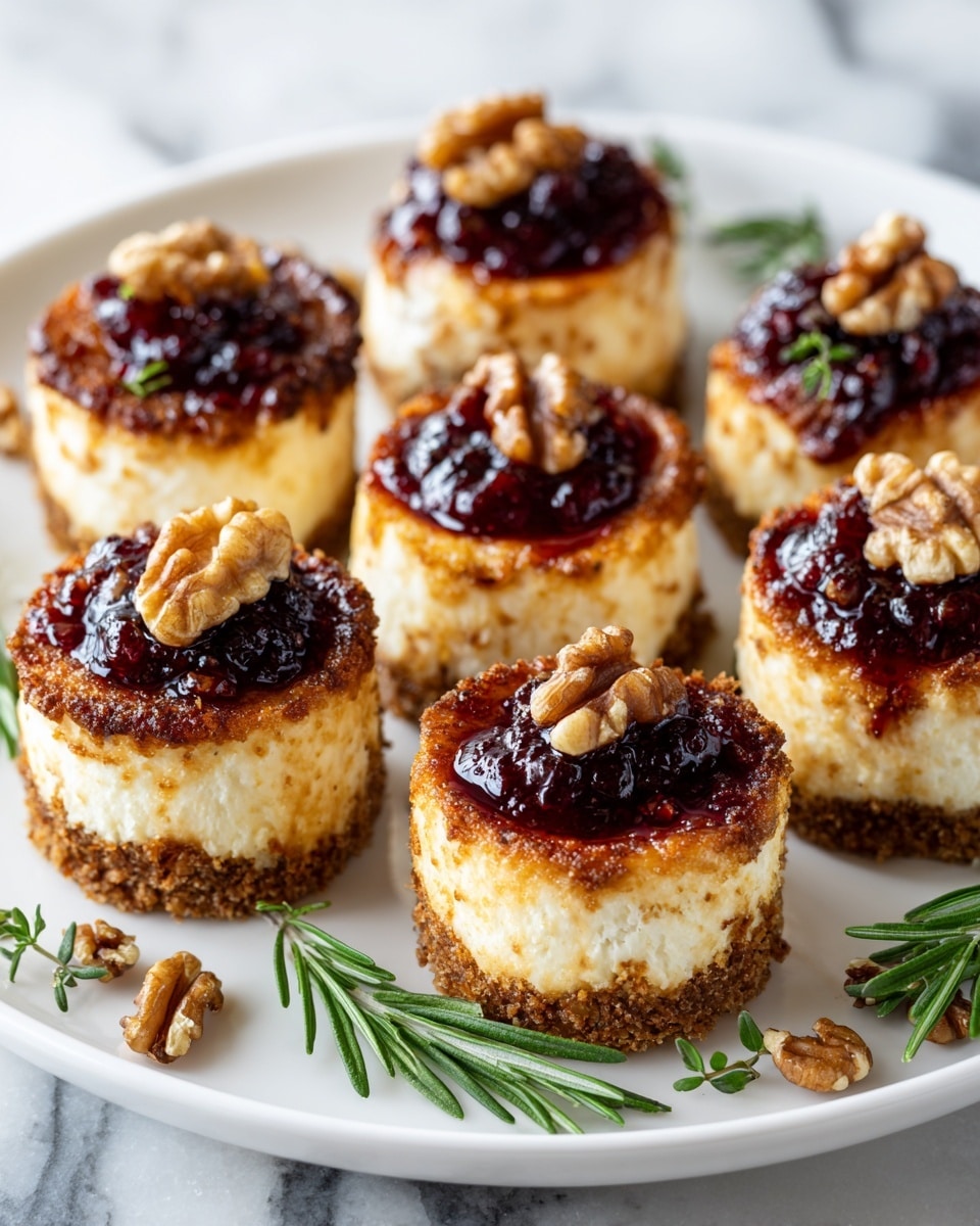 The image shows six small round cheese rounds with a white and slightly browned texture, placed on a large white plate. Each cheese round has a topping of dark red cranberry sauce with a shiny, chunky texture, and a walnut piece on top. Green rosemary sprigs are placed underneath and around the cheese rounds, with a few walnut pieces scattered on the plate. The background is a white marbled surface with soft natural lighting. photo taken with an iphone --ar 4:5 --v 7