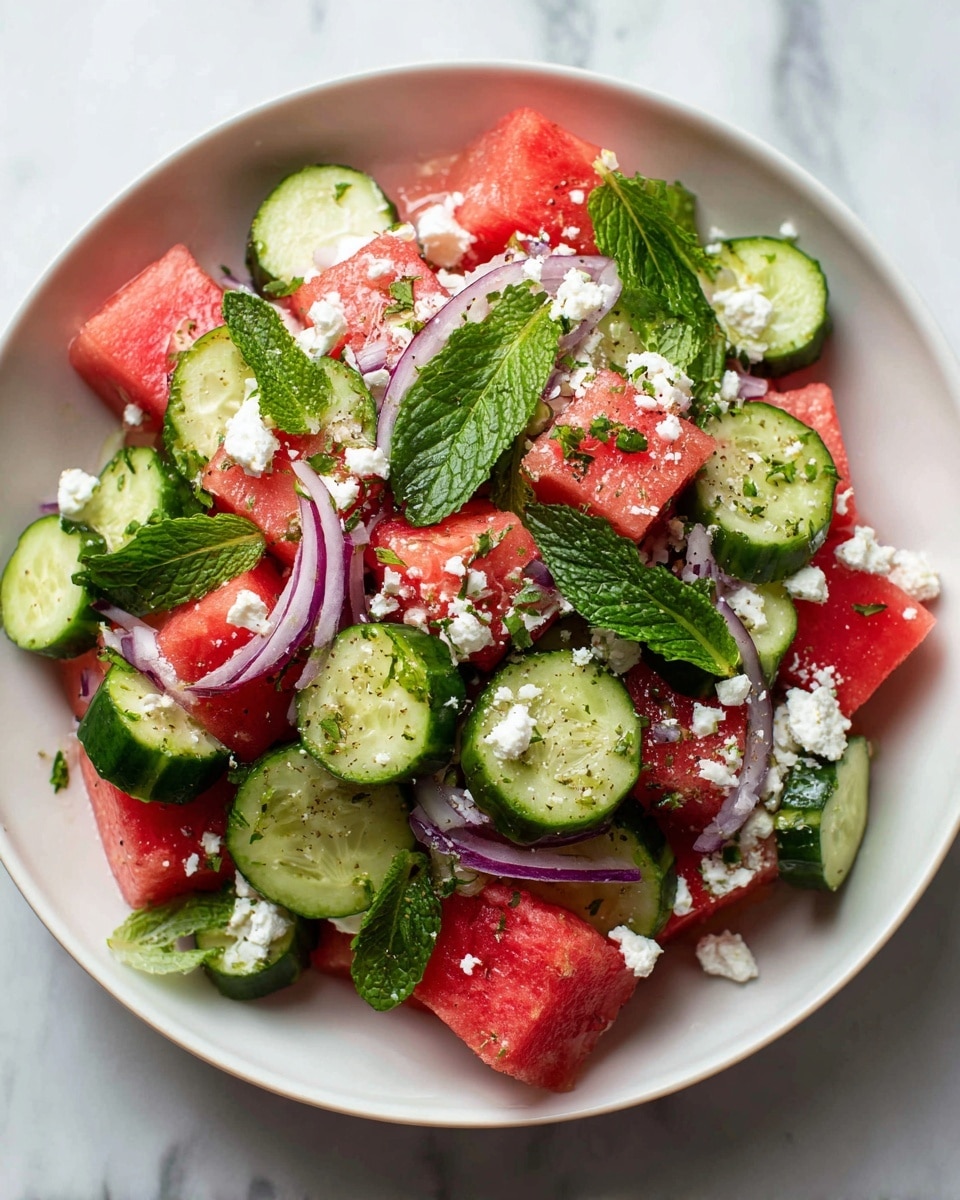 A beige bowl holds a colorful salad made of bright red watermelon cubes and fresh green cucumber slices arranged evenly around the bowl, topped with white crumbled cheese scattered throughout. Thin slices of purple onion are spread lightly over the salad along with several dark green mint leaves placed on top. There is a light drizzle of dressing visible on the watermelon and cucumber pieces. The bowl sits on a white marbled surface. photo taken with an iphone --ar 4:5 --v 7