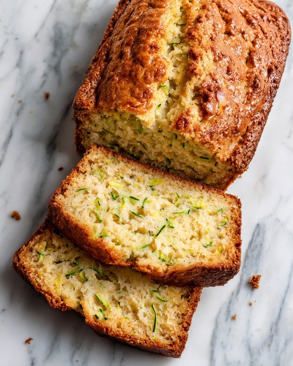 A loaf of zucchini bread with a golden brown crust and a rough, slightly crunchy texture is placed on a white marbled surface. Three slices are cut and stacked slightly in front of the main loaf, revealing a soft inside with green zucchini strands spread evenly throughout the yellow bread interior. The bread looks moist and dense, with a well-baked, darker crisp around the edges. The crumb shows small air pockets, adding texture and softness to the thick slices. Photo taken with an iphone --ar 4:5 --v 7