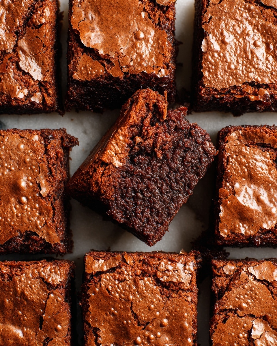 The image shows multiple square pieces of chocolate brownies closely packed together. The brownies have a cracked and shiny top layer with a mix of light and dark brown colors, showing a textured and slightly rough surface. The edges of the brownies are clear, and the inside looks denser and darker, contrasting with the lighter top. The entire scene is set on a white marbled surface. photo taken with an iphone --ar 4:5 --v 7