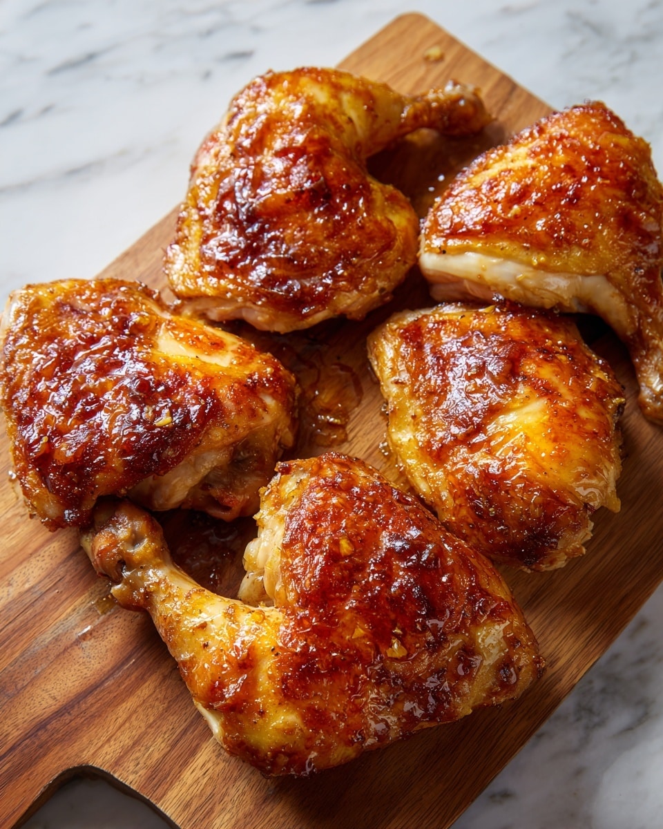 A wooden board holds six pieces of roasted chicken, each with golden-brown, crispy skin. The pieces vary in shape, including wings and leg quarters, with a shiny, slightly oily surface showing the cooked texture. The board shows some juice stains and small bits of white chicken meat around the pieces. The background is a white marbled texture. photo taken with an iphone --ar 4:5 --v 7