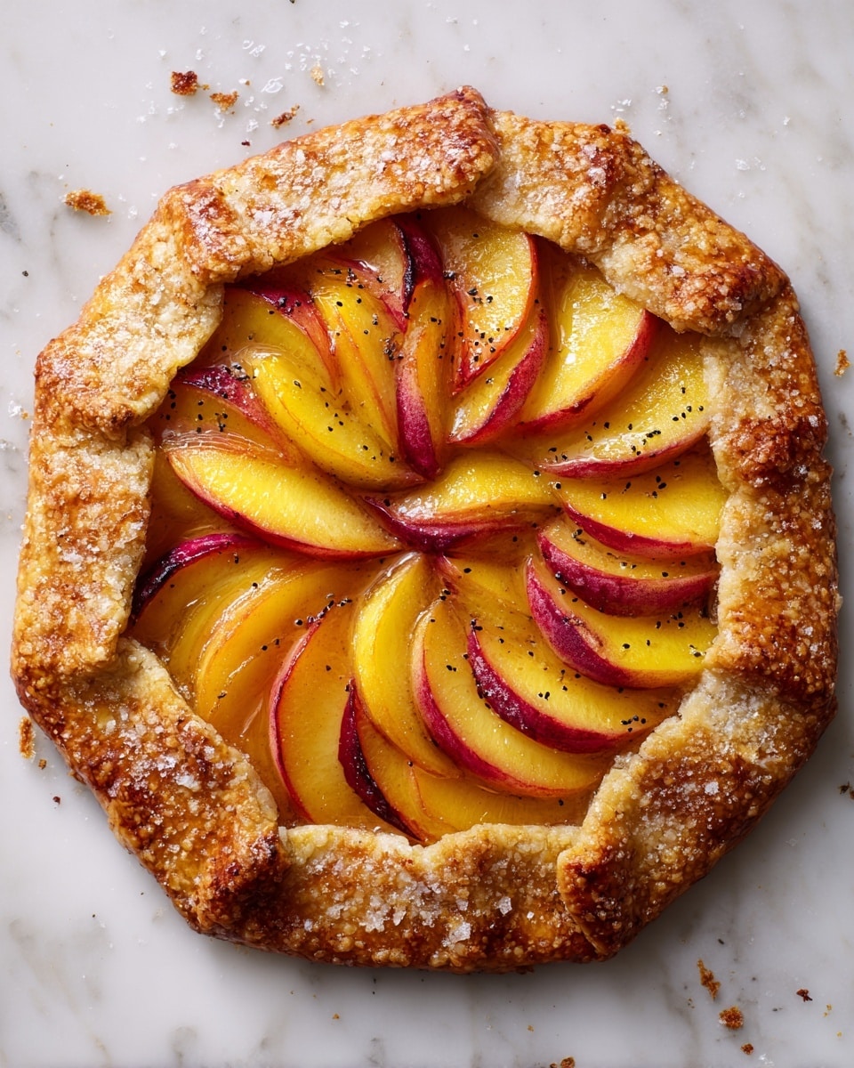 A round rustic fruit tart with a golden-brown rough crust folded over the edges, showing a slightly crunchy texture with visible sugar crystals. Inside, there are several layers of thick yellow peach slices with reddish edges, arranged tightly in curved overlapping rows that spiral towards the center. The peach slices have a soft, slightly glossy look with a caramelized touch from baking. The tart sits on a white marbled surface with small scattered dark crumbs around it. Photo taken with an iphone --ar 4:5 --v 7