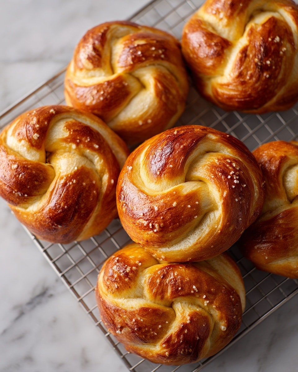 A group of eight golden-brown pretzels with shiny, smooth surfaces sit closely together on a metal cooling rack. Each pretzel has a classic twisted shape with rounded edges and a glossy finish that reflects light, showing slight variations in browning from light to dark on their textured tops. The pretzels rest on a light wooden surface, visible around the rack's edges, adding warmth to the scene. The overall look is warm and freshly baked, with a soft, inviting texture on each pretzel's thick, doughy loops. Photo taken with an iphone --ar 4:5 --v 7