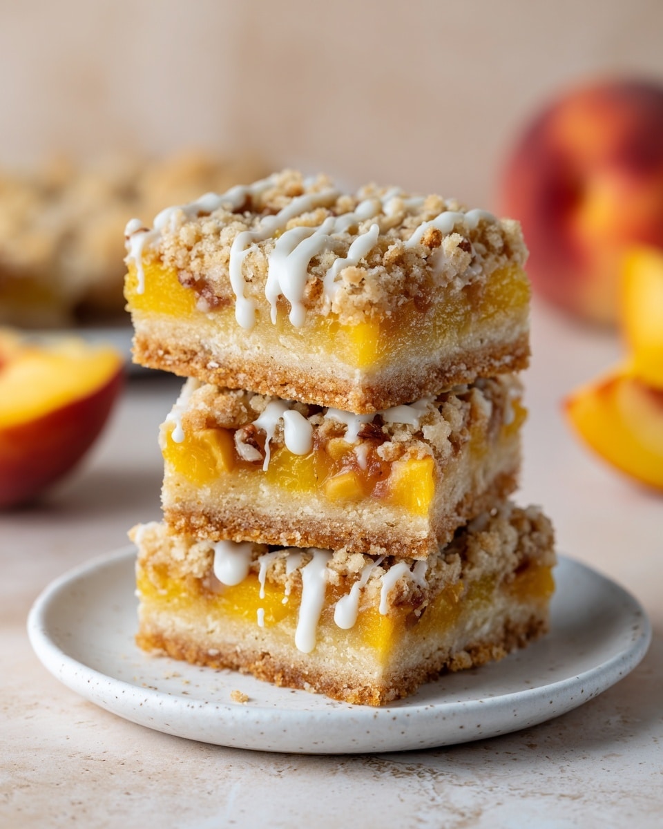 The image shows several square peach crumble bars arranged on a white marbled surface. Each bar has three clear layers: a crumbly golden-brown base, a bright yellow-orange peach fruit layer in the middle, and a crumbly streusel topping sprinkled with sliced almonds on top. A light white drizzle of icing runs over the top of the bars, adding a glossy finish. Pieces of peach and crumbs are scattered around, with glimpses of fresh orange peach halves at the edges of the frame. The bars are cut cleanly and closely packed together. photo taken with an iphone --ar 4:5 --v 7
