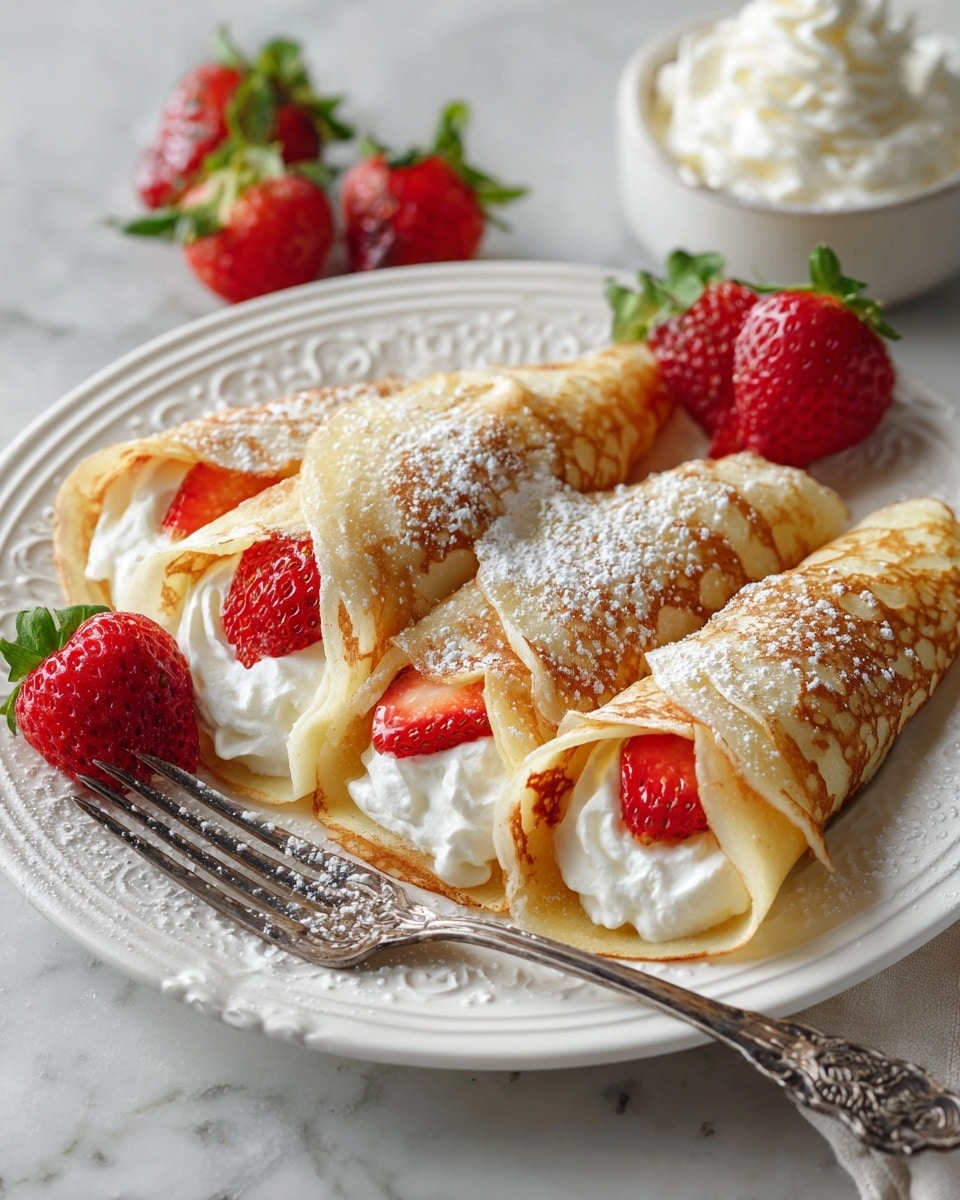 Three golden brown crepes are folded into triangles, each filled with white creamy filling, placed on a white plate with intricate swirly patterns around the edges. The crepes are lightly dusted with white powdered sugar. Around the crepes, there are whole and halved bright red strawberries with green tops. A silver fork is placed partially under one crepe on the right side. The plate is set on a white marbled surface. A bowl with white cream is partially visible on the top right corner. Photo taken with an iphone --ar 4:5 --v 7
