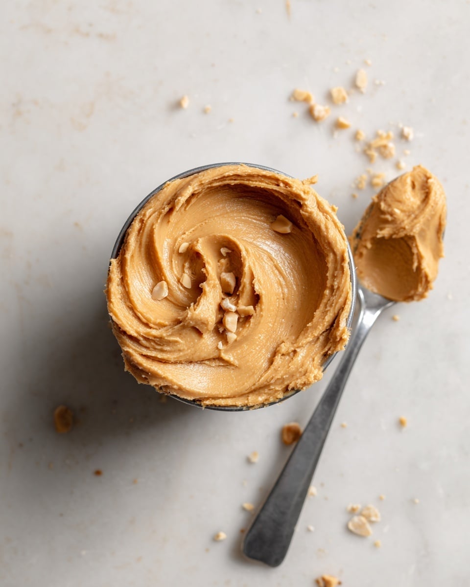 A close-up image of a metal measuring cup filled with creamy, light brown nut butter that has a smooth and slightly textured surface with swirls. The cup is placed on a white marbled surface with coarse salt scattered around. In the background, a silver spoon with some nut butter rests slightly out of focus. The image has bright, natural lighting highlighting the creamy texture and warm color of the nut butter. Photo taken with an iphone --ar 4:5 --v 7