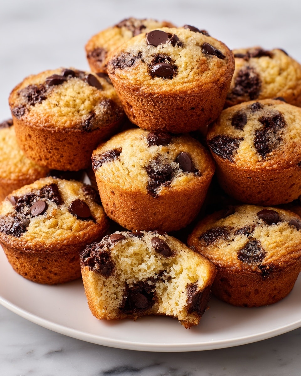 A large white plate filled with about 25 mini muffins, each with a golden brown base and a beige top spotted with many small dark brown chocolate chips, showing a soft texture; two of the muffins are broken open in the middle of the pile, revealing a light inside with melted dark chocolate chunks; the plate is set on a white marbled surface photo taken with an iphone --ar 4:5 --v 7